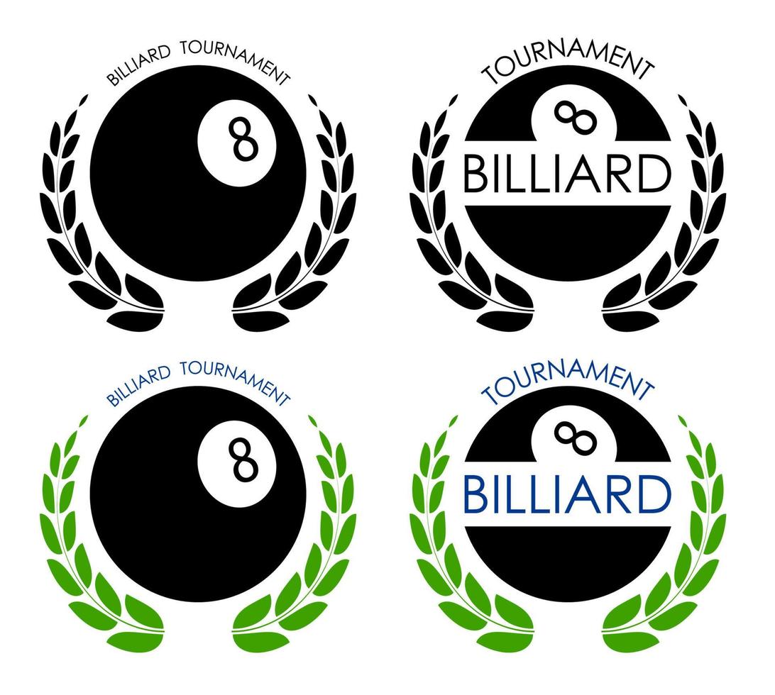 symbols sport ball for billiard on white background with winner laurel wreath. Pool and snooker competition. Isolated vector