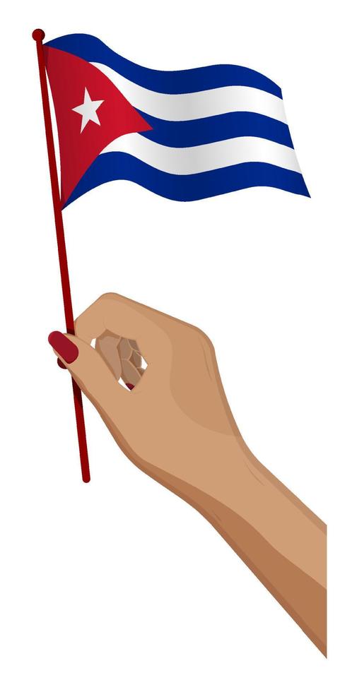 Female hand gently holds small flag of Cuba. Holiday design element. Cartoon vector on white background