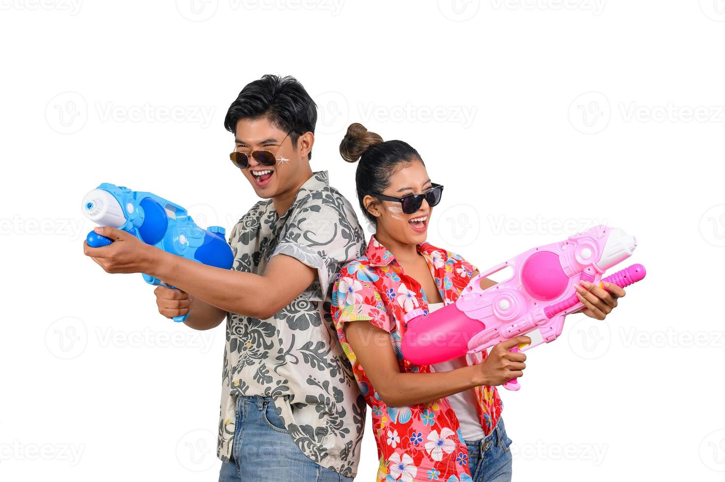 Portrait Young couple enjoy with water bowl on Songkran festival photo