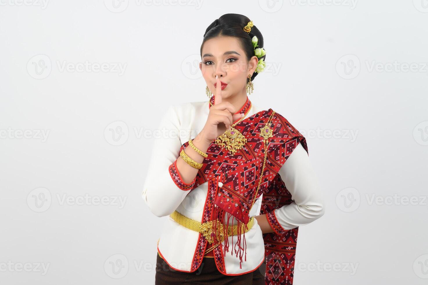 Young beautiful woman Thai Lanna dress on with shouting posture photo