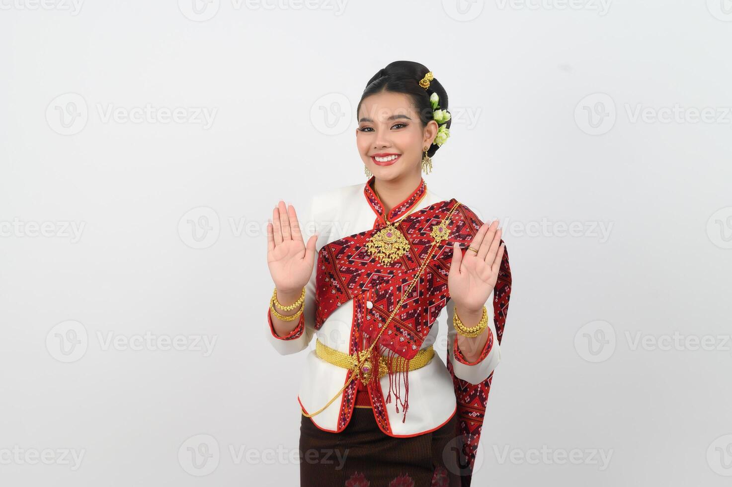 Asian pretty woman in northeastern dress stand in beautiful Thai dance photo