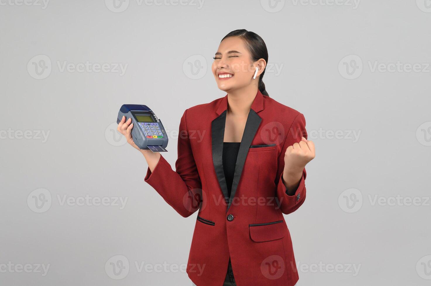 Young beautiful woman in formal clothing for officer on white background photo