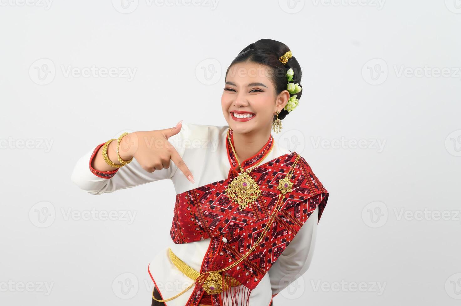 Young beautiful woman dres local culture in southern point finger posture photo