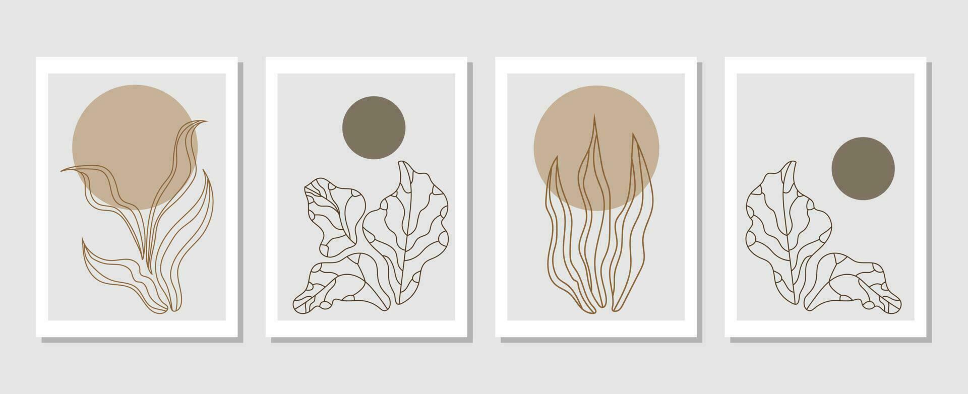 conjunto de vectores de arte de pared botánica. dibujo de arte de línea de follaje con forma abstracta. diseño de arte abstracto de plantas para impresión, portada, papel tapiz, arte de pared minimalista y natural. ilustración vectorial.