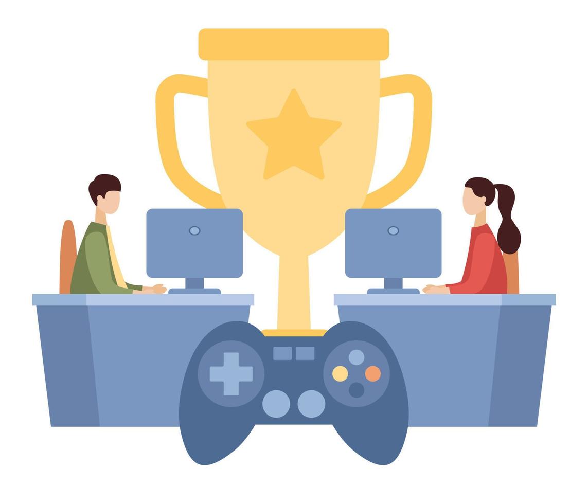 E-sport concept. Online game. Cybersport. Two cyber sport players at computers competing for trophy. Vector flat illustration