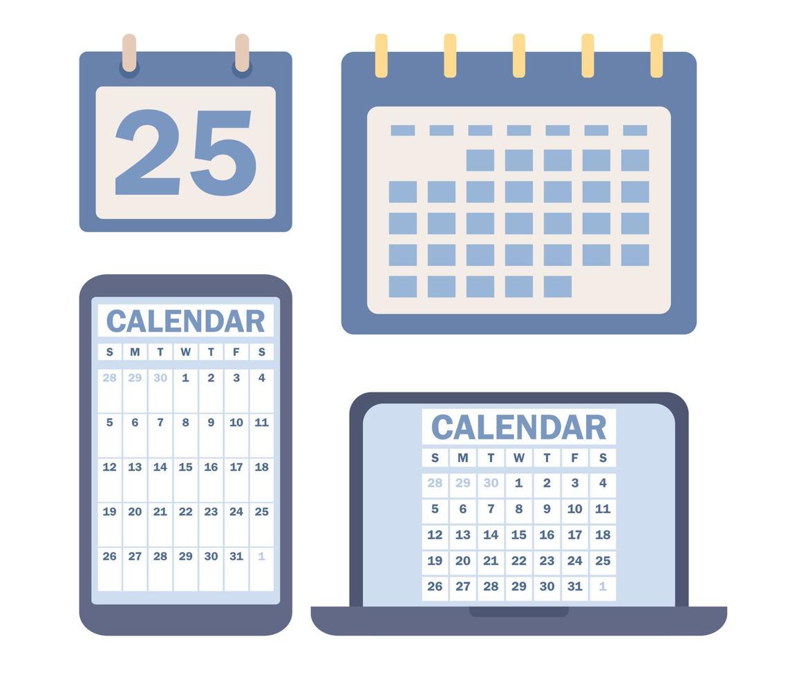 calendario icono colocar. en línea calendario en ordenador portátil y teléfono inteligente aplicación fecha página signo. cronograma, planificación, organizador concepto. vector plano ilustración