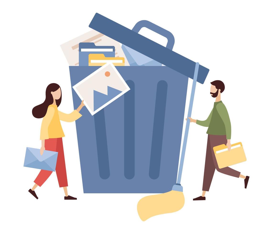 Delete concept. Cleaning digital memory. People deleting file and move unnecessary files to big trash bin. Vector flat illustration