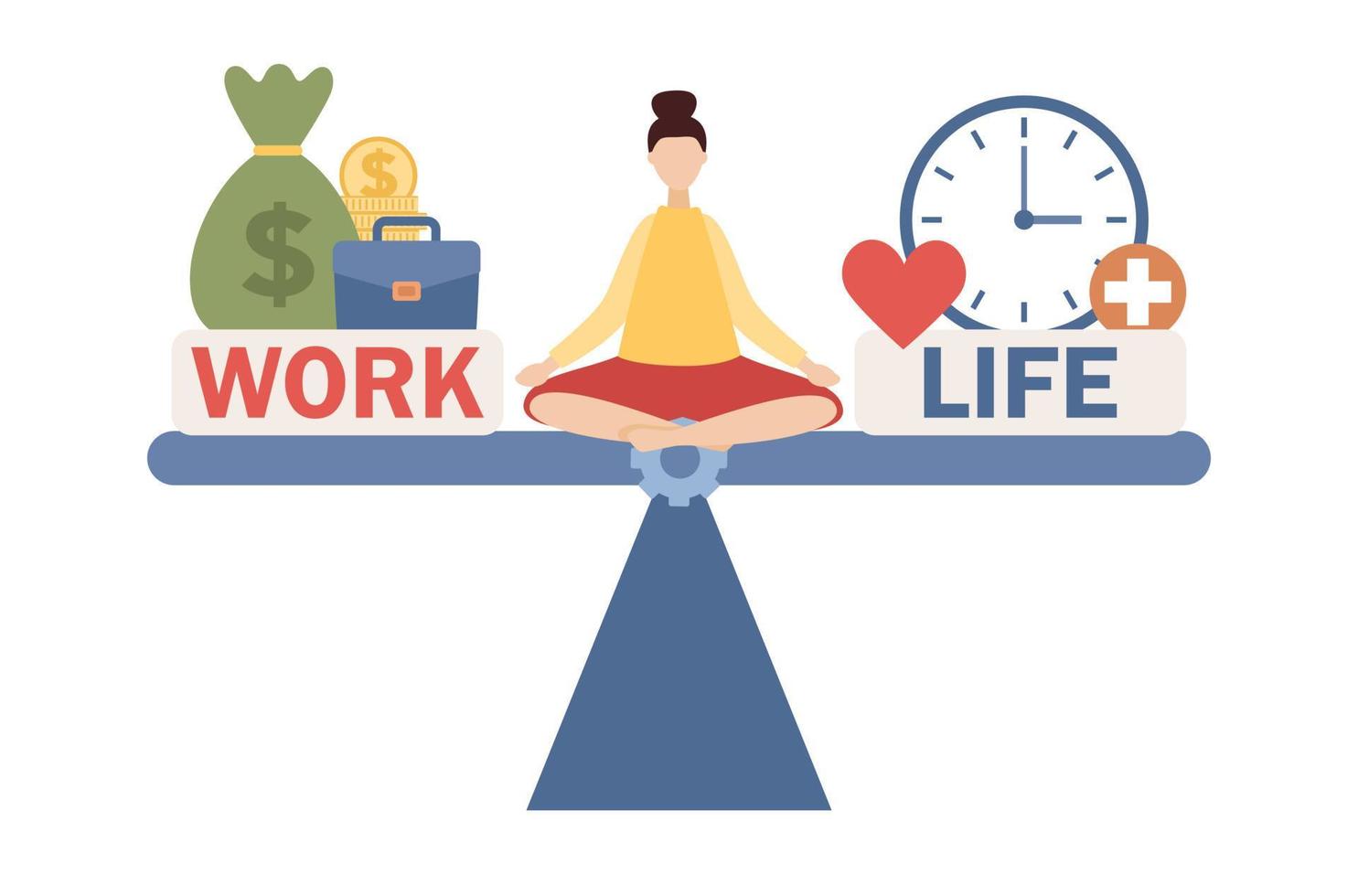 trabajo y vida balance. mujer en loto posición mantener armonía escoger Entre carrera y dinero versus amor y tiempo, ocio o negocio. vector plano ilustración