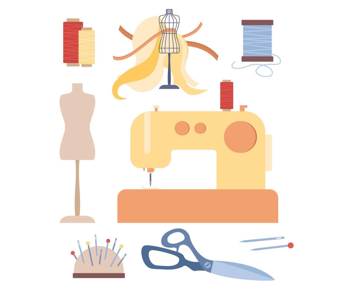 de coser accesorios icono colocar. costura, Sastre concepto. agujas, maniquí, aguja cama, tijeras, hilo, de coser máquina, carretes, hilos. vector plano ilustración