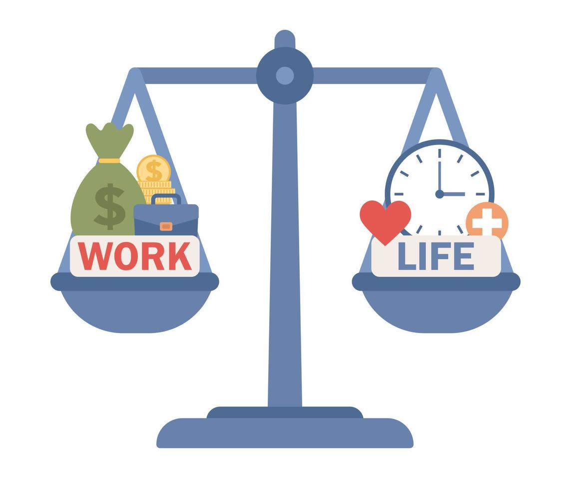 Work and life balance. Harmony choose between career and money versus love and time, leisure or business. Vector flat illustration