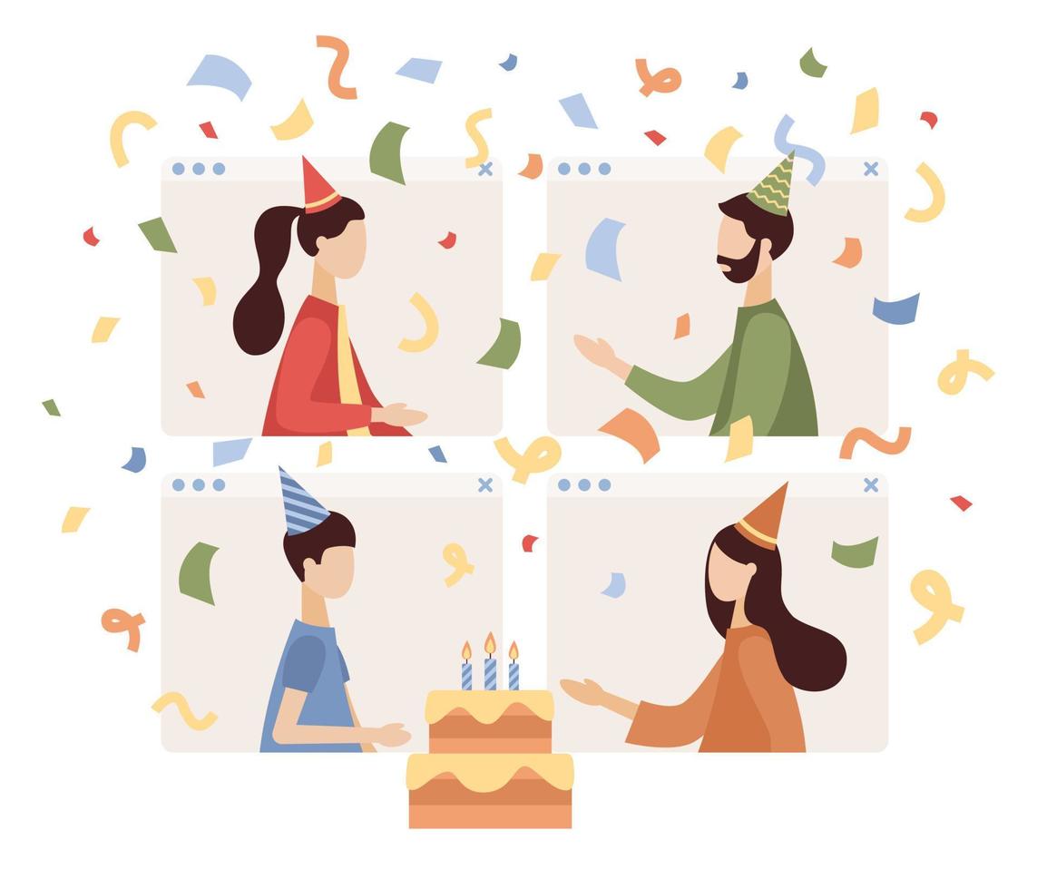 Online birthday party. Meeting friends. Video conference. Video call. Celebrating, fun time at home. Vector flat illustration