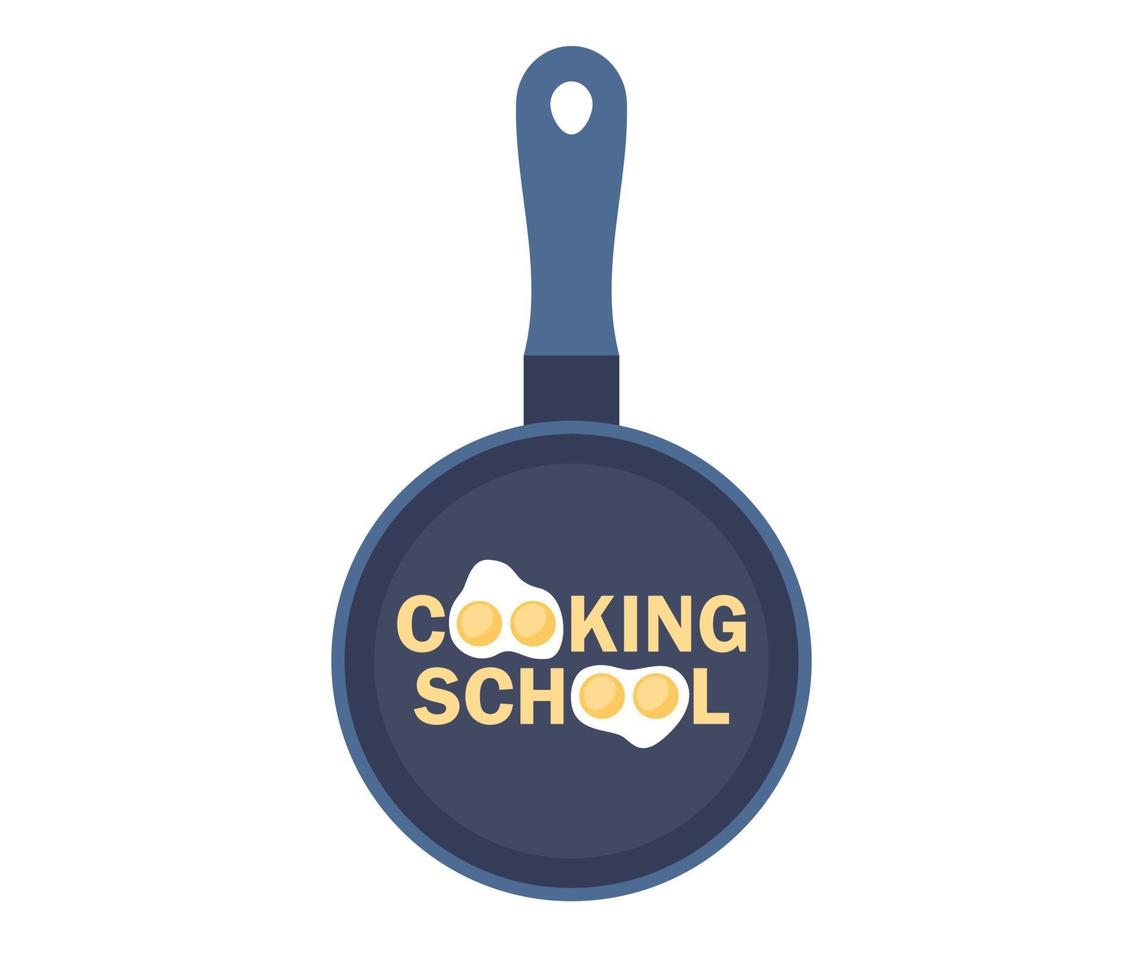 Cooking school - text on kitchen frying pan. Culinary online master class. Vector flat illustration