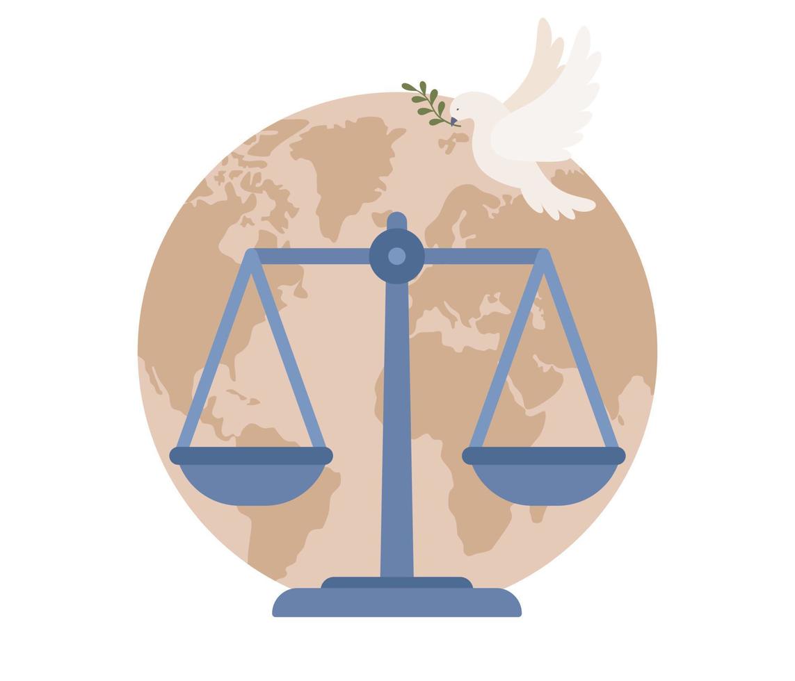 World Social justice day. Human rights concept. Tolerance and respect. Scales, globe and dove as symbols of equality, freedom and love. Vector flat illustration