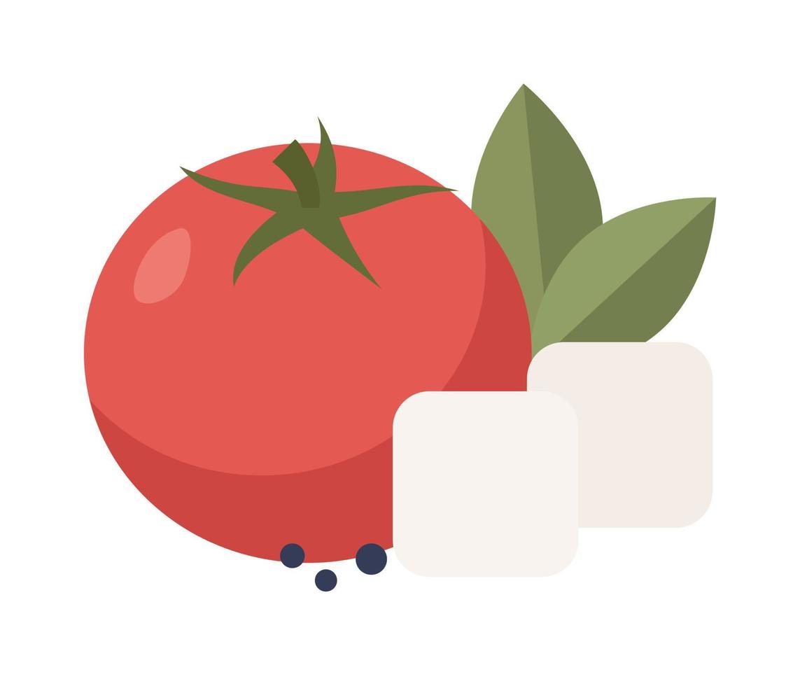 Tomato with cheese basil and pepper peas icon. Vector flat illustration