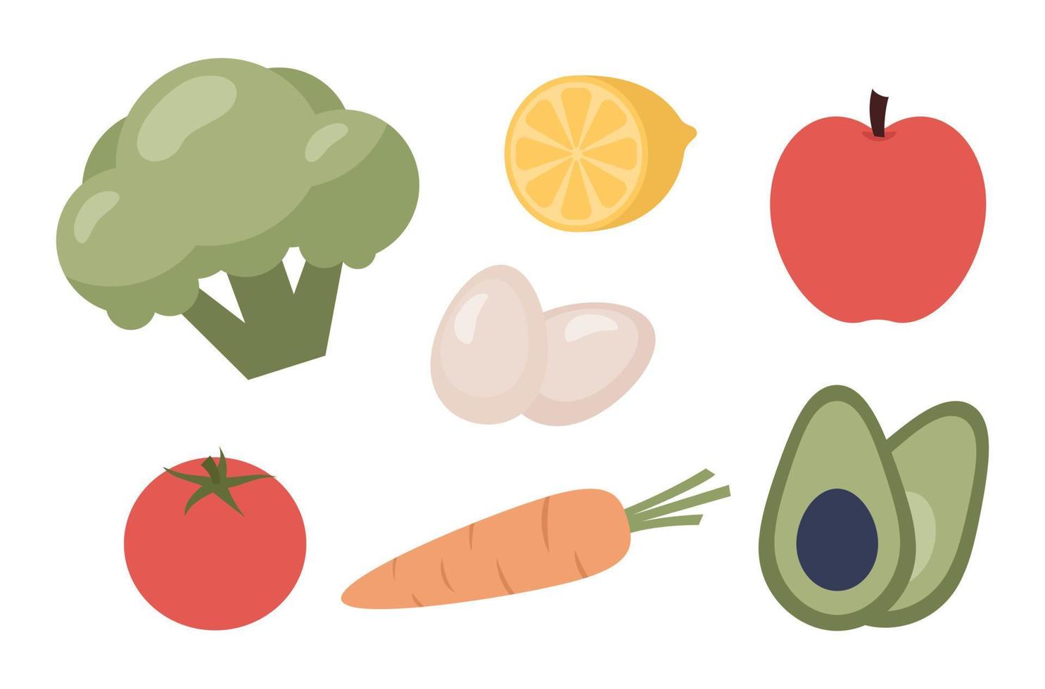 Healthy food set icons. Broccoli, avocado, tomato, eggs, carrot, apple, lemon. Vector flat illustration