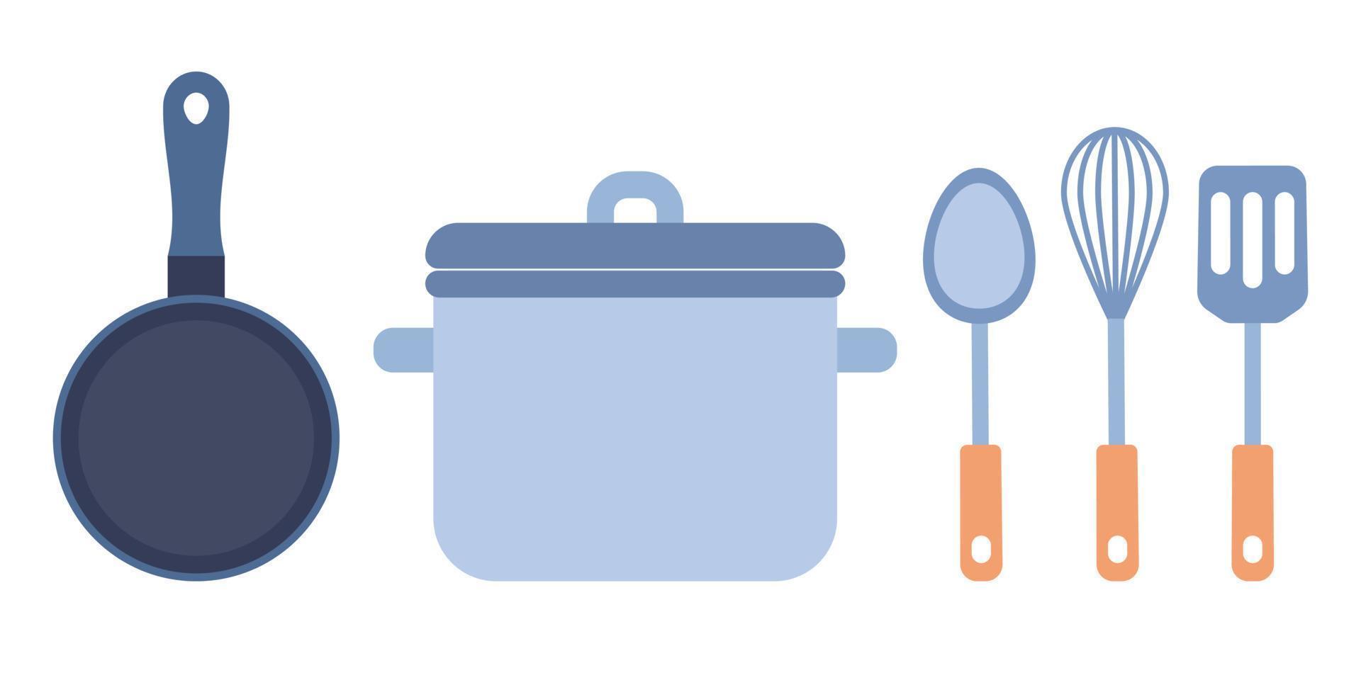 Kitchen utensils set icon. Kitchenware. Cooking tools. Pan, skillet, spatula, whisk, ladle. Vector flat illustration