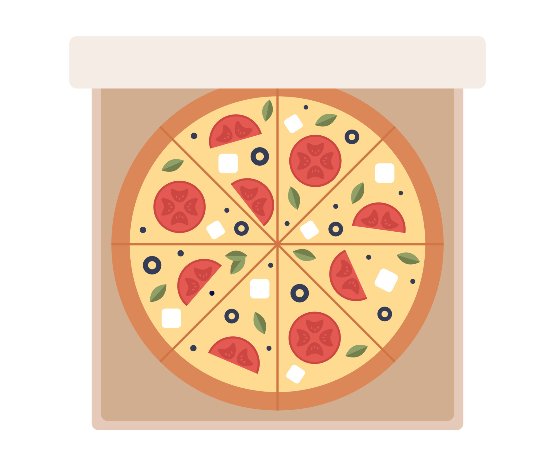Pizza in open cardboard box icon. Pizza with tomate, olives, basil