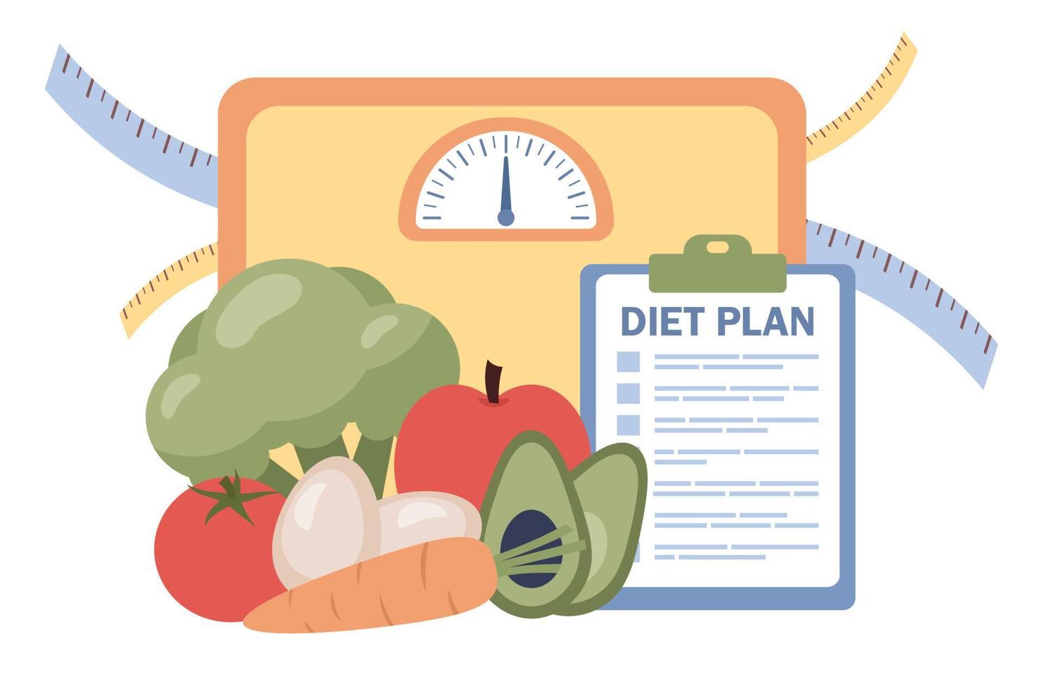 Diet plan with healthy food. Nutritionist concept. Weight loss, calorie control and physical activity. Vector flat illustration