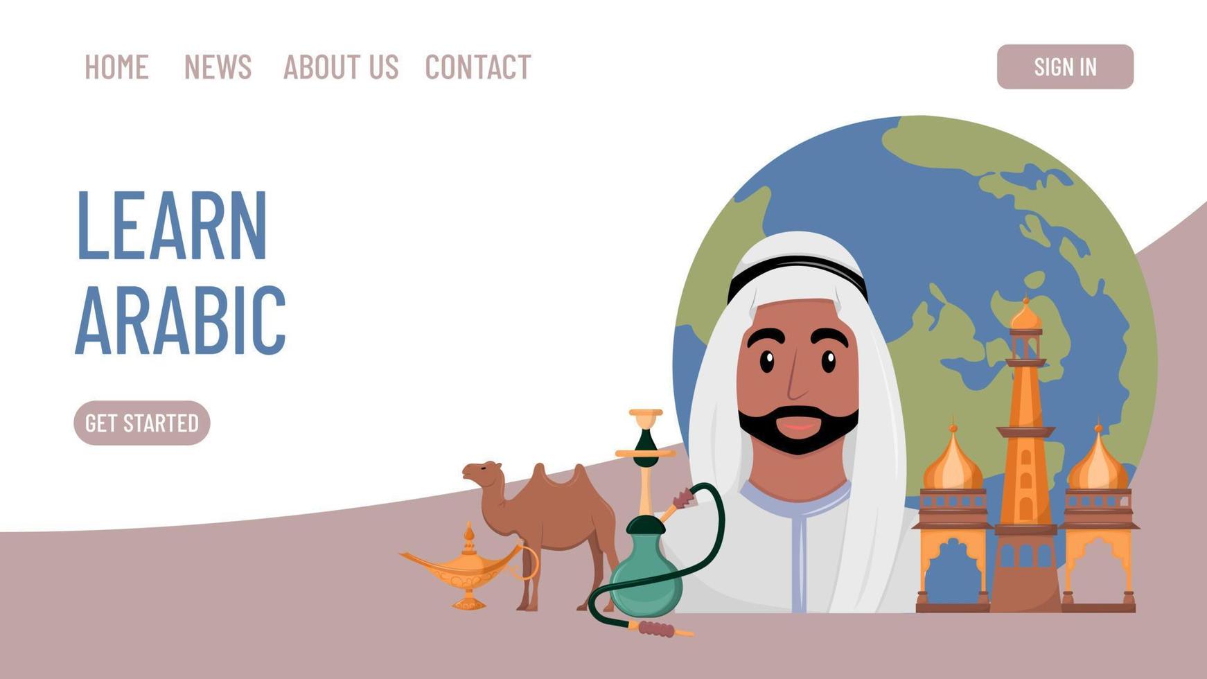 Landing page template. Advertising for language courses, school. Arabic language learning. Middle East. Multilingualism. Horizontal screen site. Vector illustration.