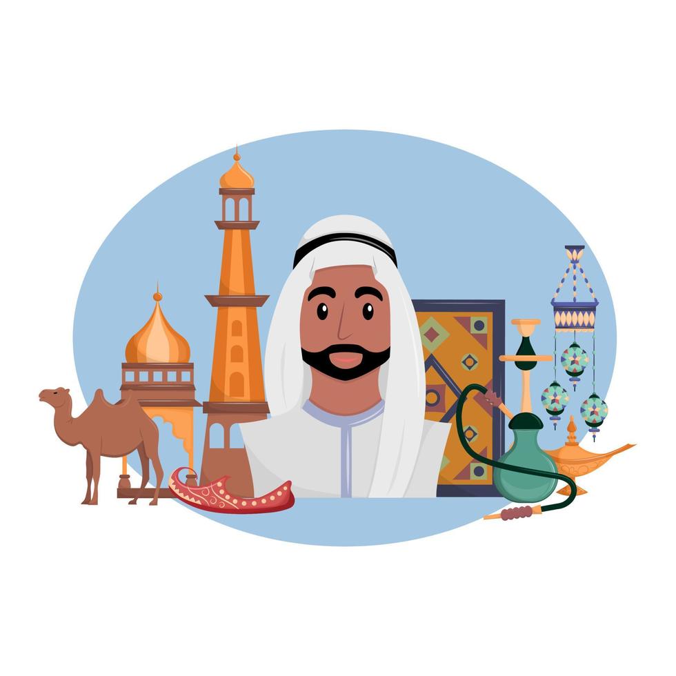 Symbols of Arab culture. Set of attributes of Islamic life. Muslim and his environment. Web picture. Vector illustration