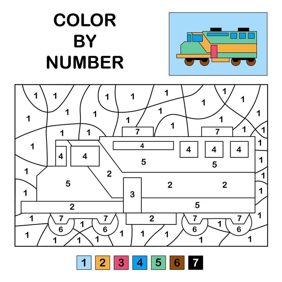 Colour in the numbers on the big train Educational game for kids and teens Black and white illustration Colouring page vector