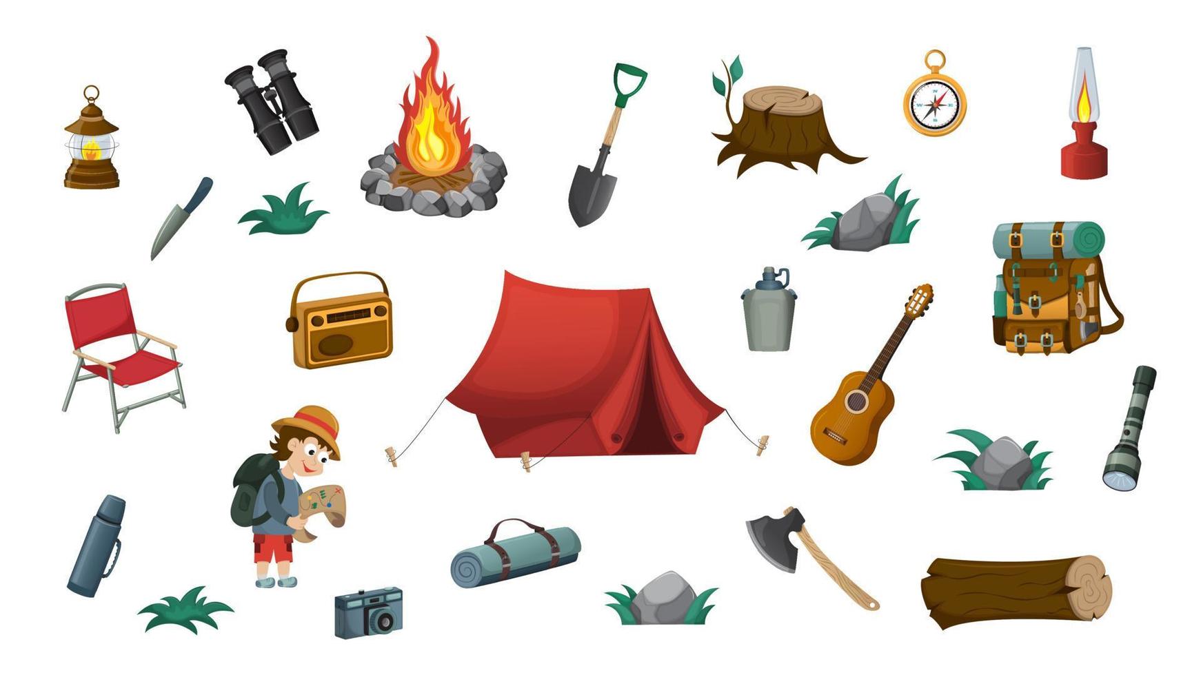 Set of elements for camping, travel, hiking, trip. Vector illustration. Image of tent, campfire, backpack, guitar, compass, shovel, axe. Isolated vector illustration.