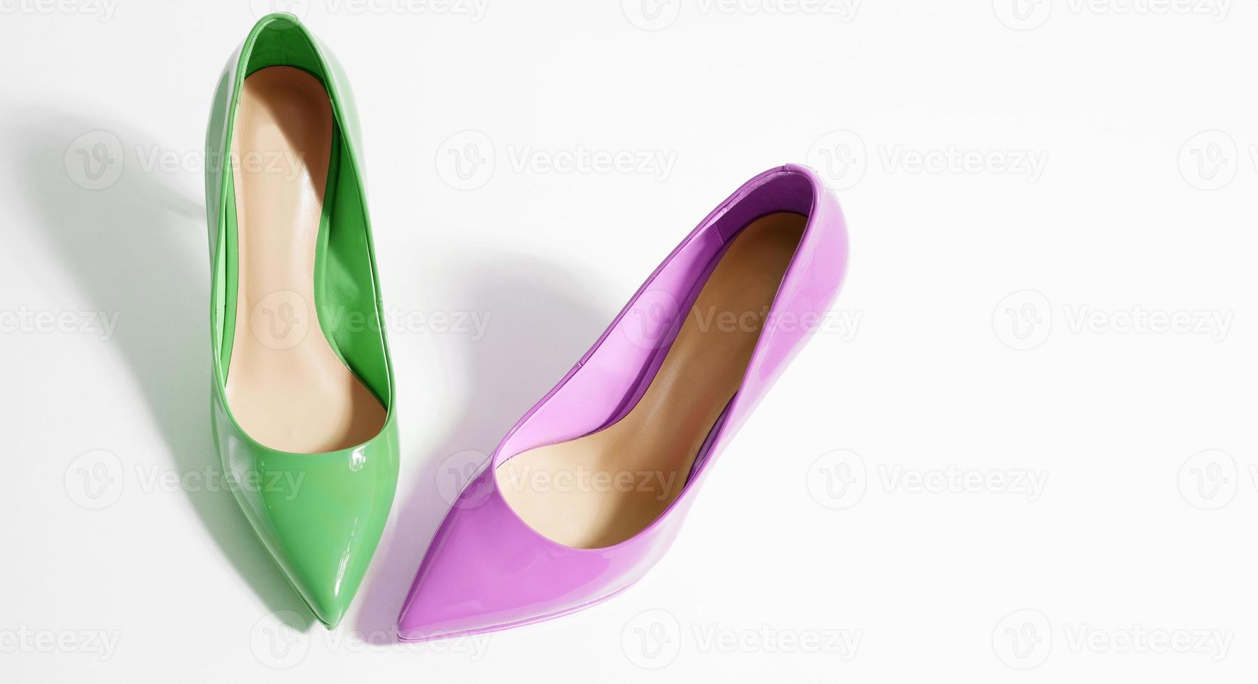 Woman Shoes Banner. High heels closeup. Top view. Women fashion. Ladies accessories. Girly casual formal shoe isolated white background. Footwear on floor. Copy space, mockup. flat lay Selective focus photo