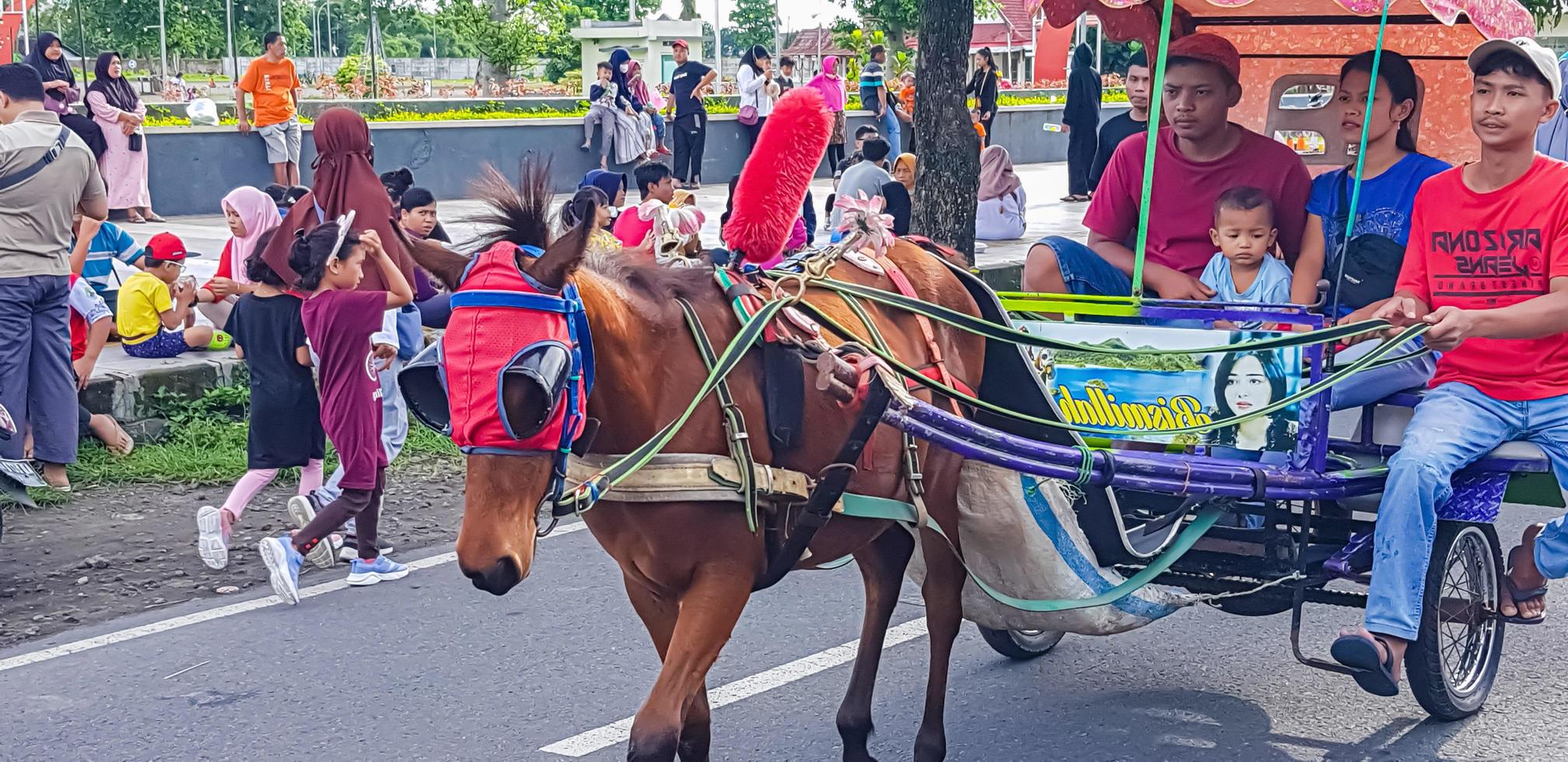 Surakarta, Indonesia, enero 8, 2023 dokar Wisata o carruaje excursión en coche en domingo coche gratis día surakarta foto