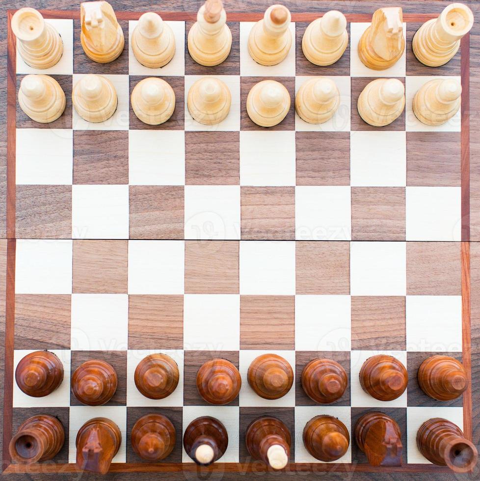 Overhead view of a chess board set up for a game Stock