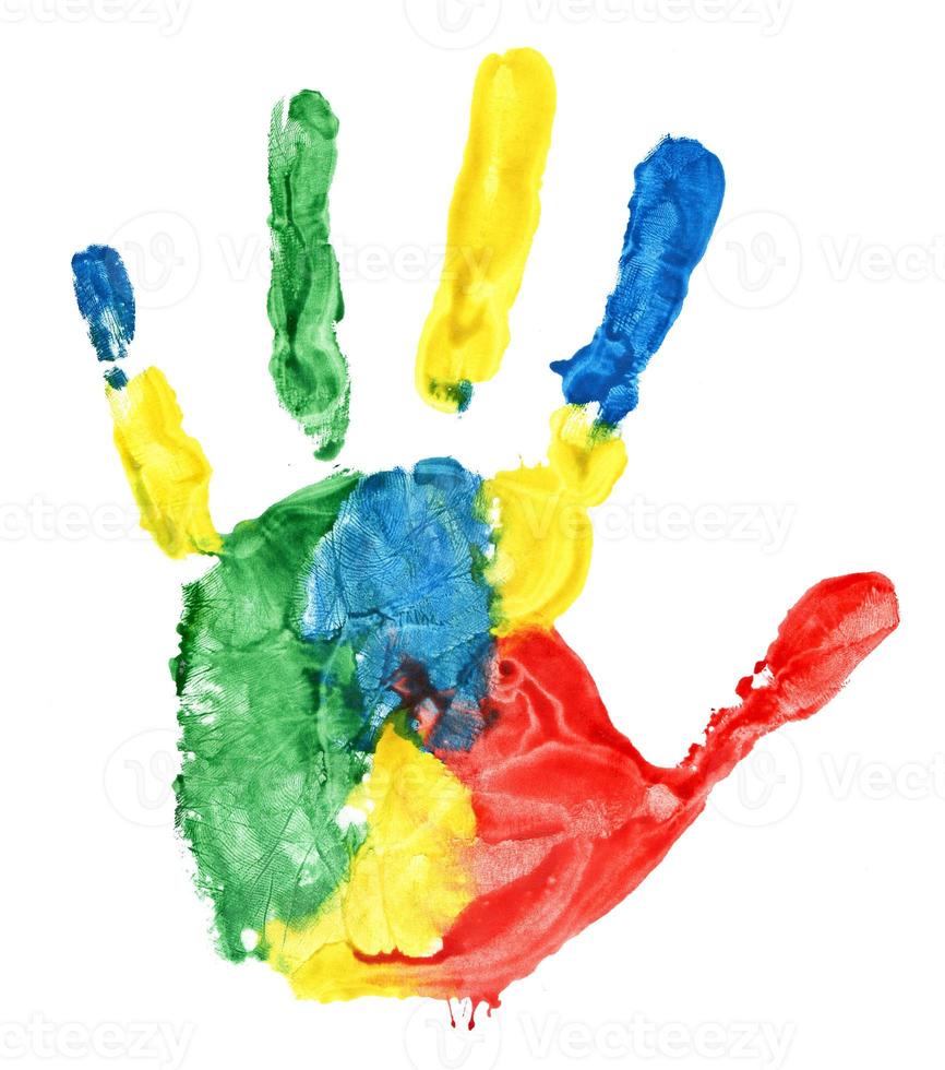 Close up of colored hand print on white photo