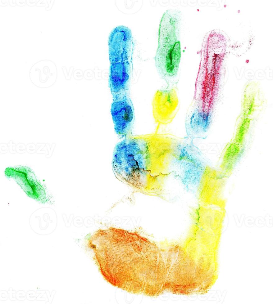 Close up of colored hand print on white photo