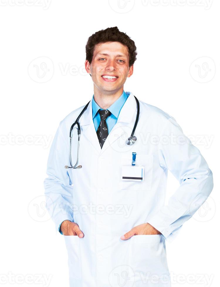 Portrait of the smiling doctor on a white photo