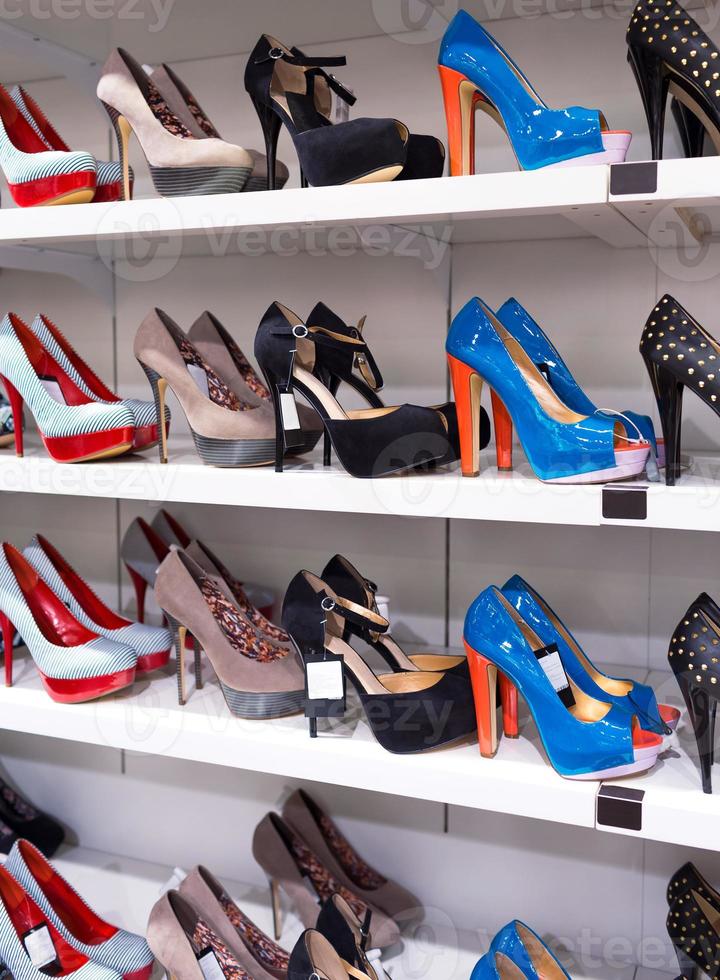 Background with shoes on shelves photo