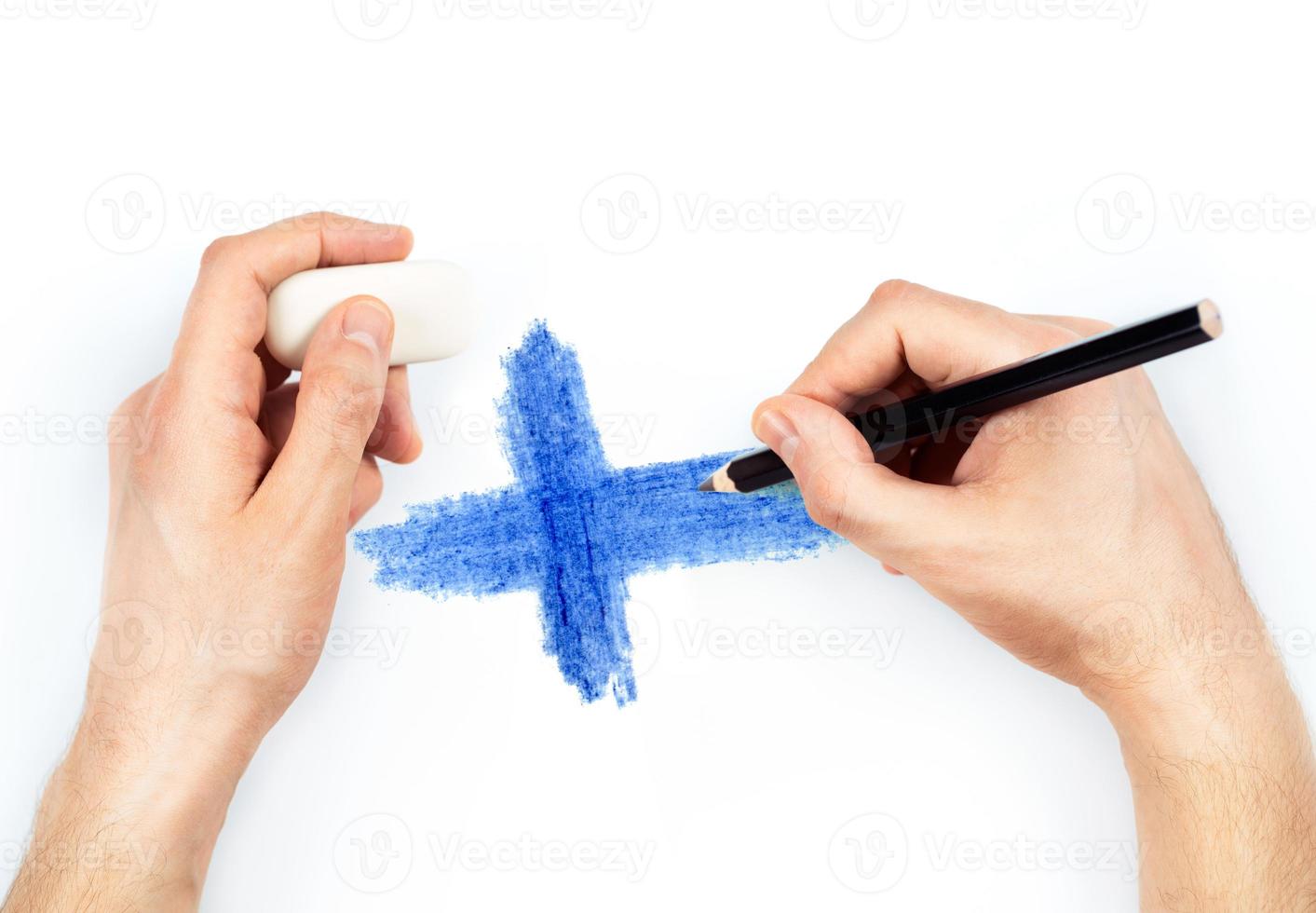 Man's hands with pencil draws flag of Finland on white photo