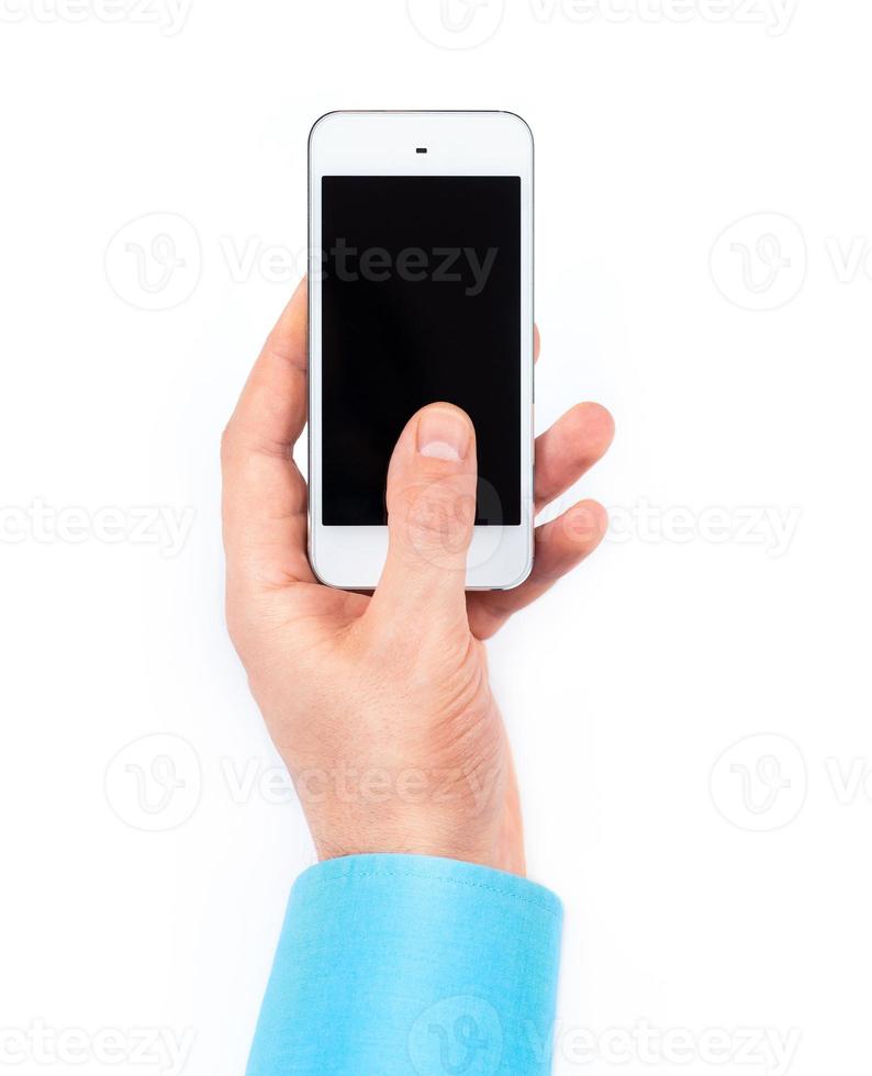 Businessman's hand using smartphone on white photo