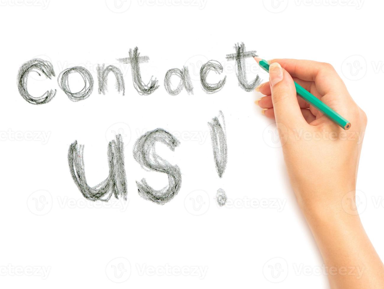 Woman's hand writing contact us on white photo