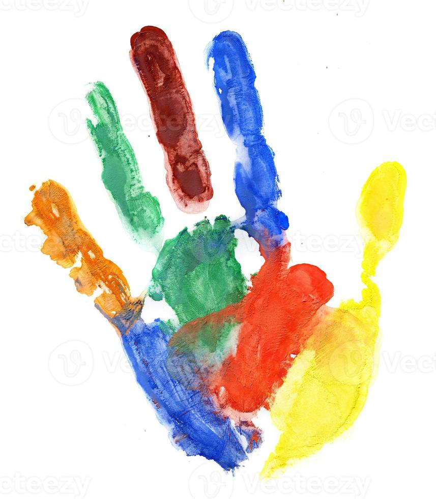 Close up of colored hand print on white photo