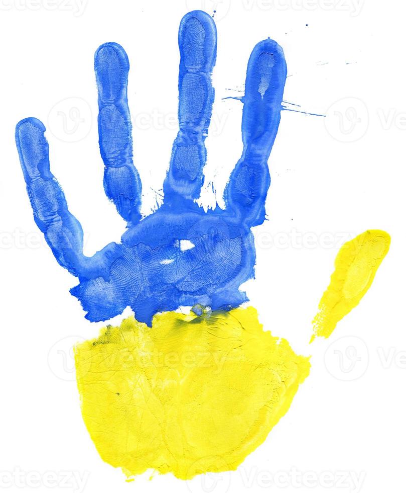 Handprint of a Ukrainian flag on a white photo