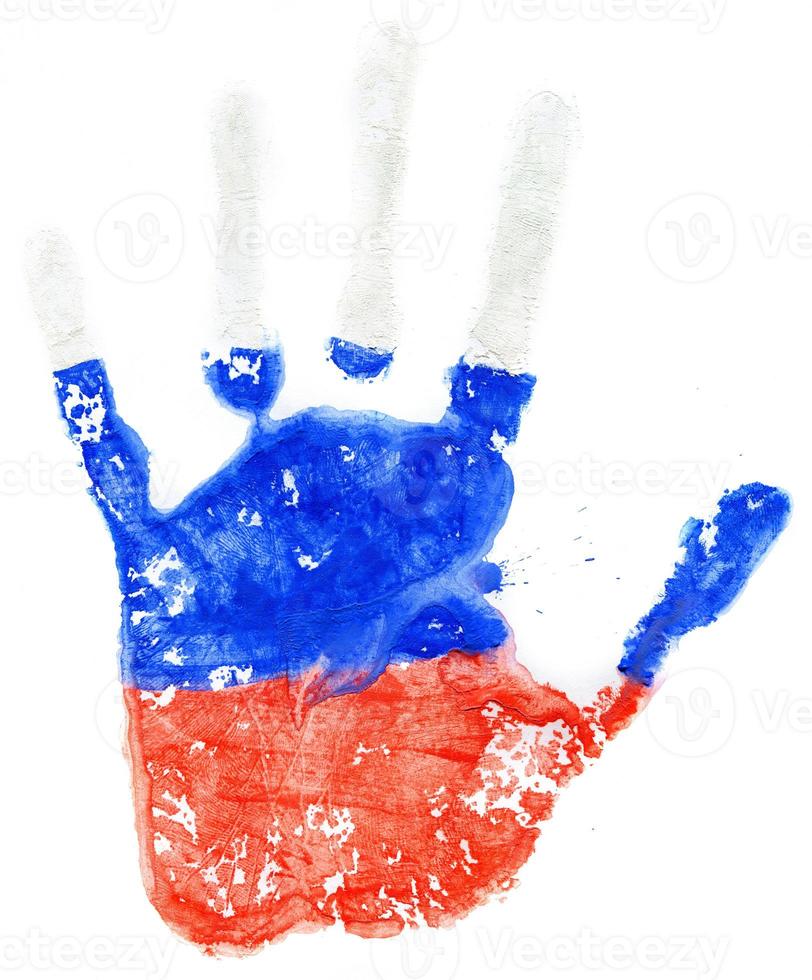 Handprint of a Russian flag on a white photo