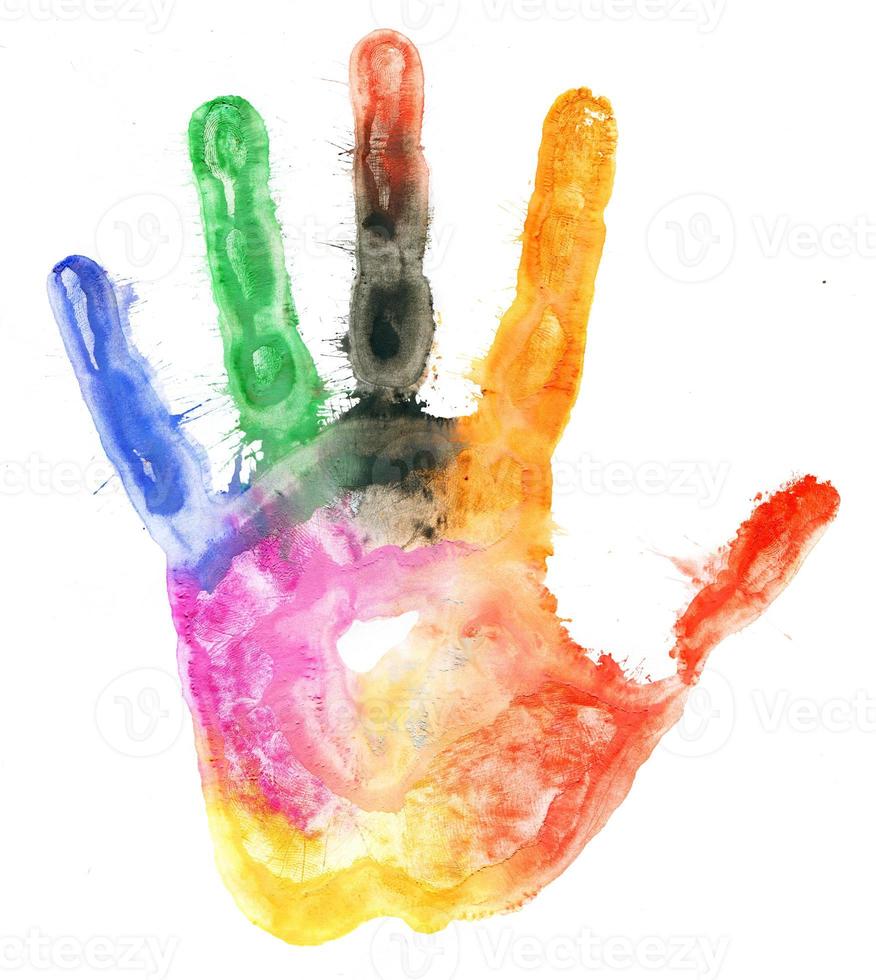 Close up of colored hand print on white photo