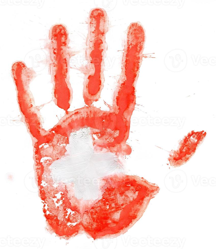 Handprint of a Swiss flag on a white photo