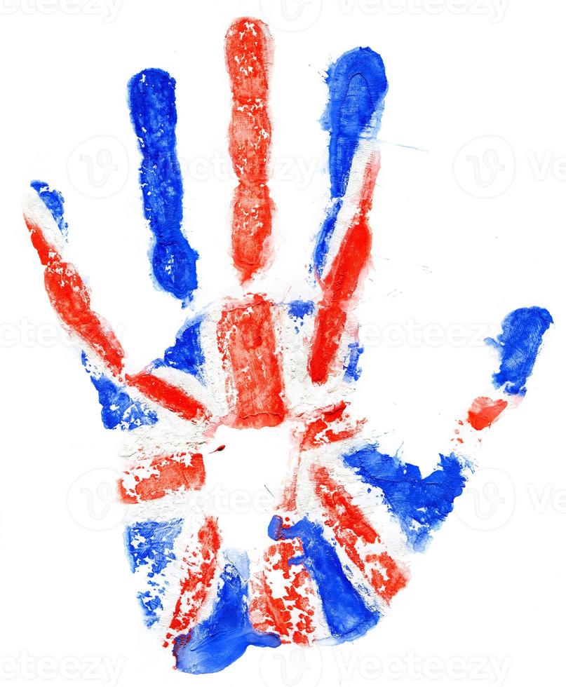 huella de la mano de un genial británico bandera en un blanco foto