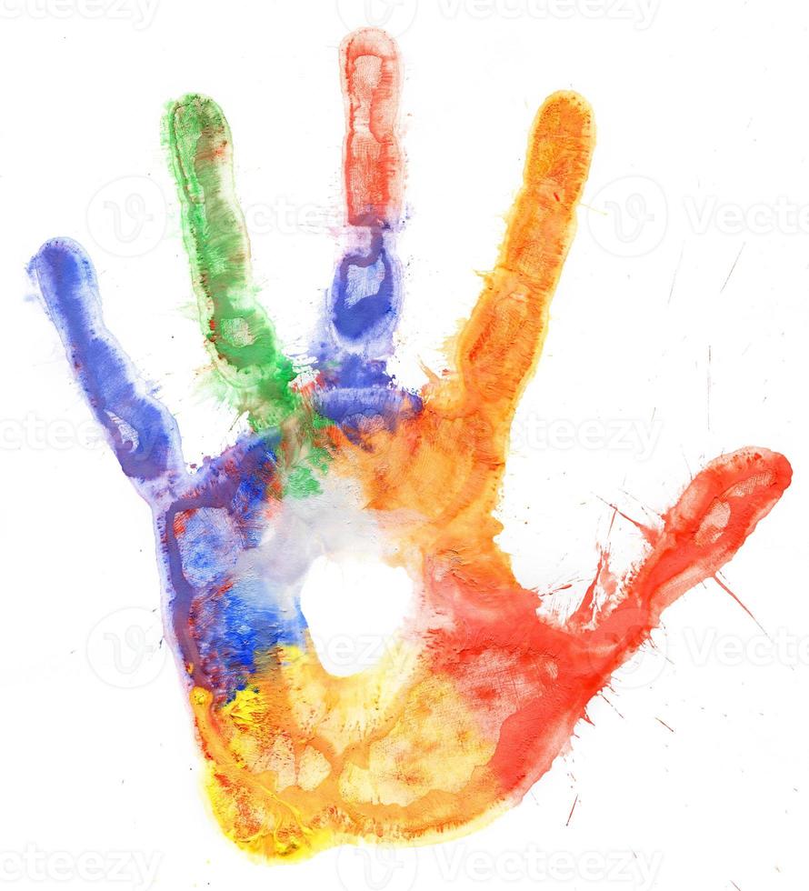 Close up of colored hand print on white photo