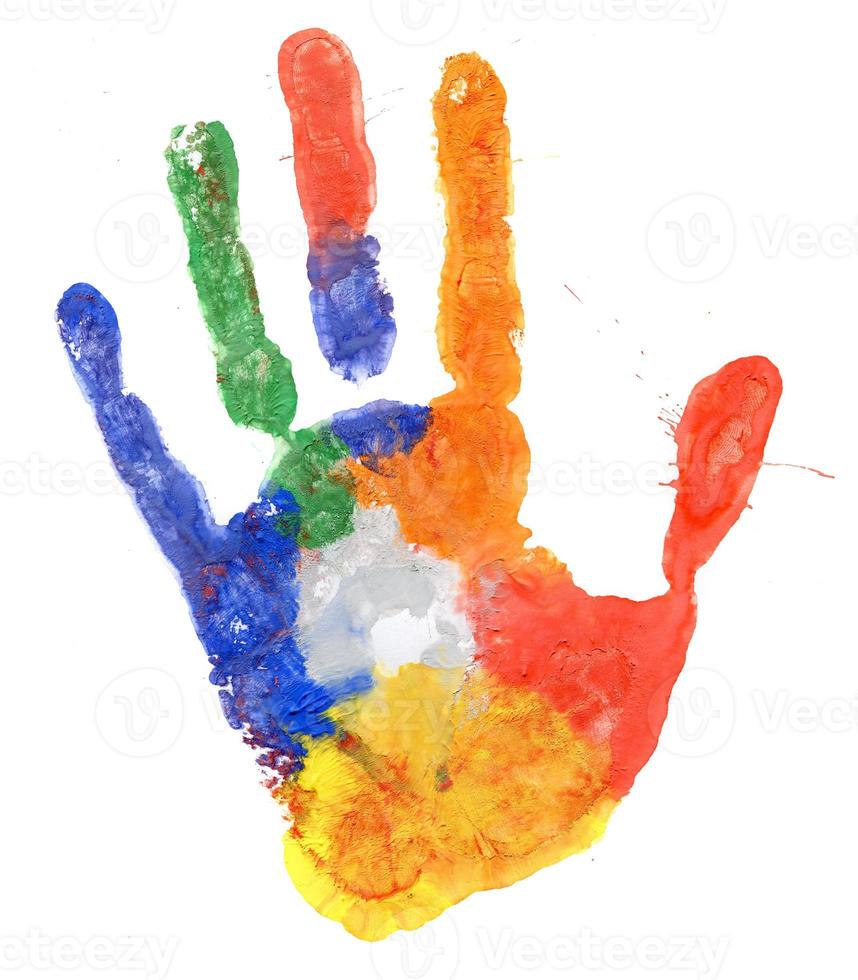 Close up of colored hand print on white photo