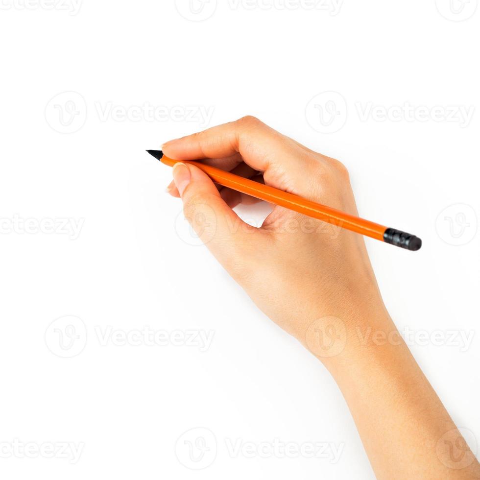 Woman's hand holding a pencil on a white white photo