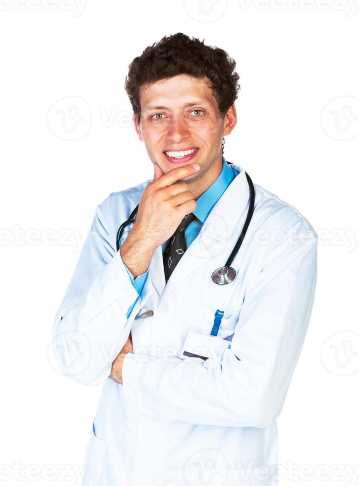 Portrait of the smiling doctor on a white photo