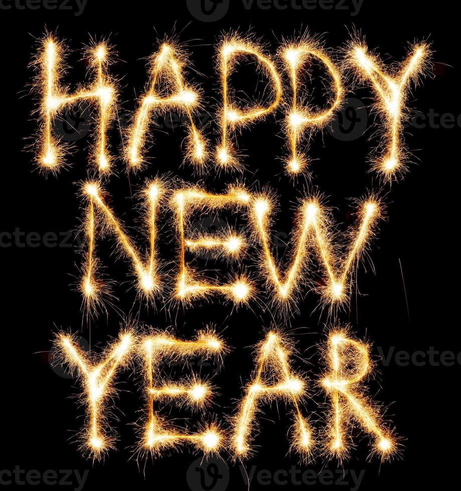Happy New Year made of sparkles on black photo