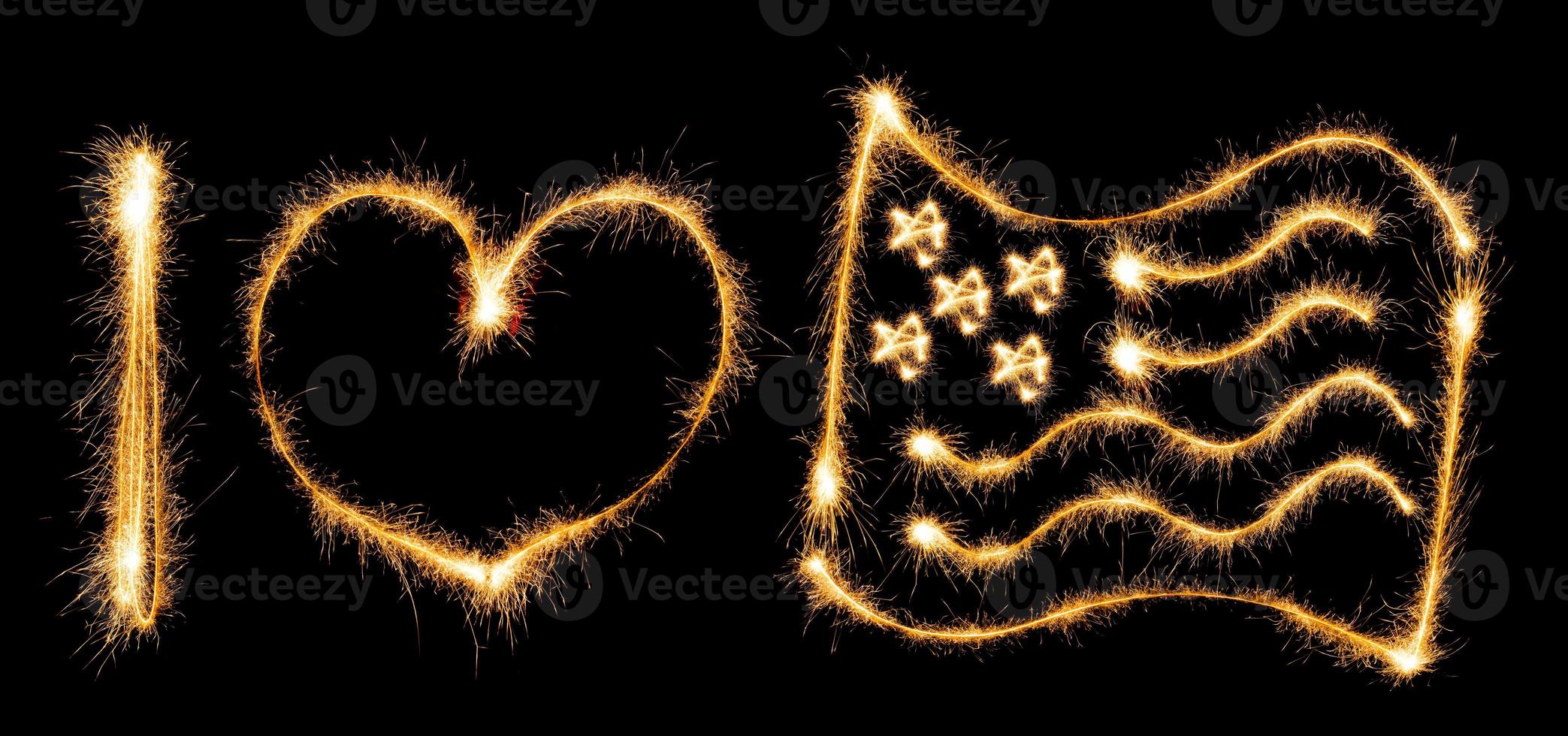 Inscription I love flag of USA made of sparkles on black photo