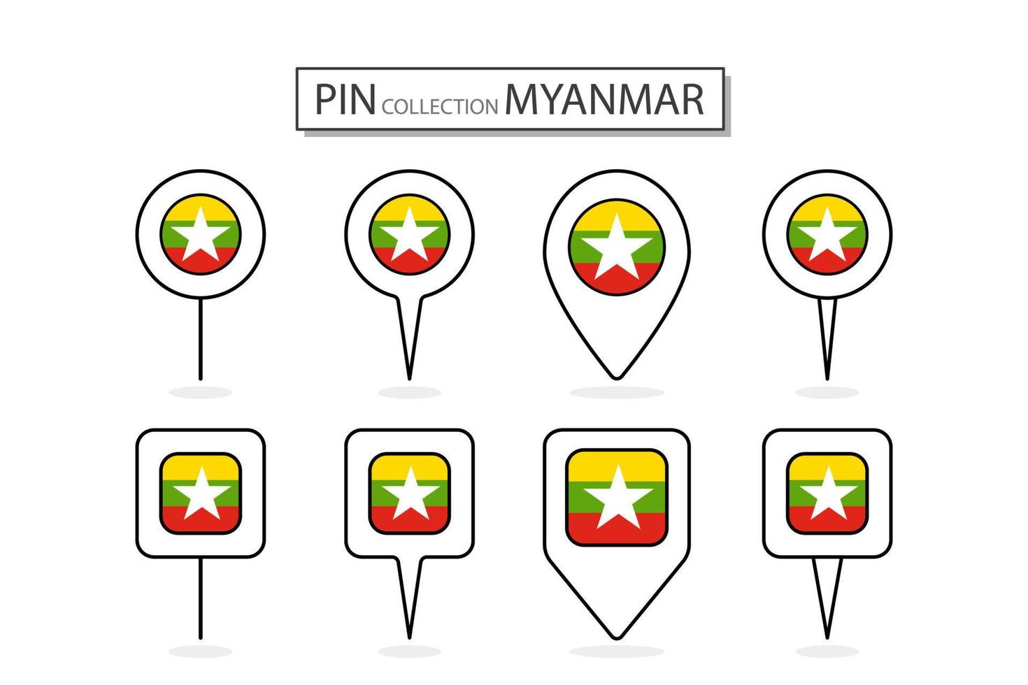 conjunto de plano alfiler myanmar bandera icono en diverso formas plano alfiler icono ilustración diseño. vector