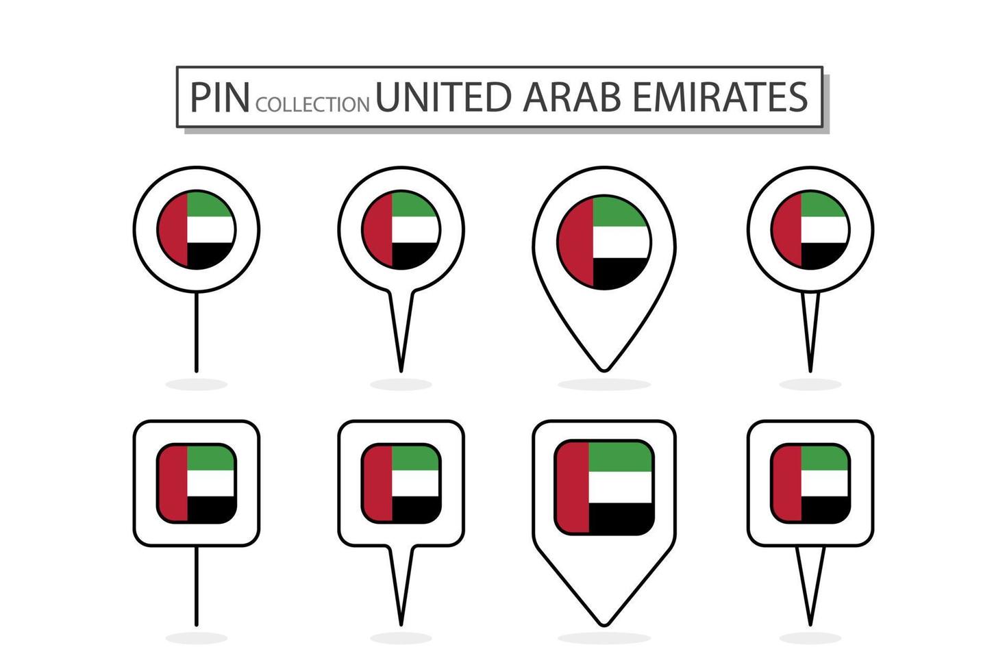 conjunto de plano alfiler unido árabe emiratos bandera icono en diverso formas plano alfiler icono ilustración diseño. vector